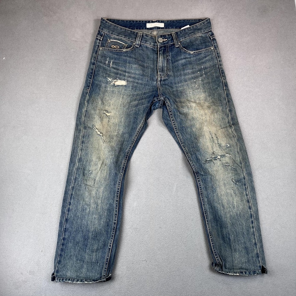 Selvedge Jeans Mens 32 Blue Dirty Wash Distressed Straight Leg Denim